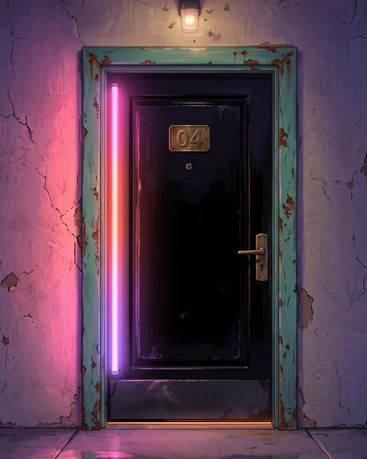 Room 04 &mdash; a scuffed black motel door in a peeling seafoam frame, lit by one vertical blade of sunset neon
