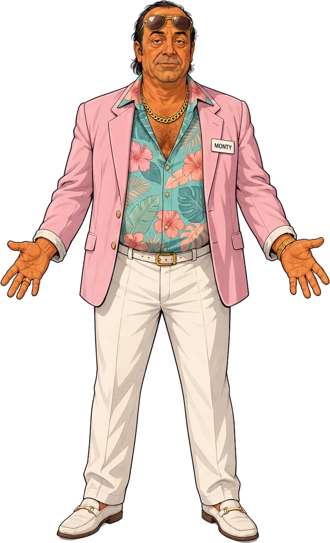 Monty, the Mirage Motel's night manager, in a pink blazer with his palms open